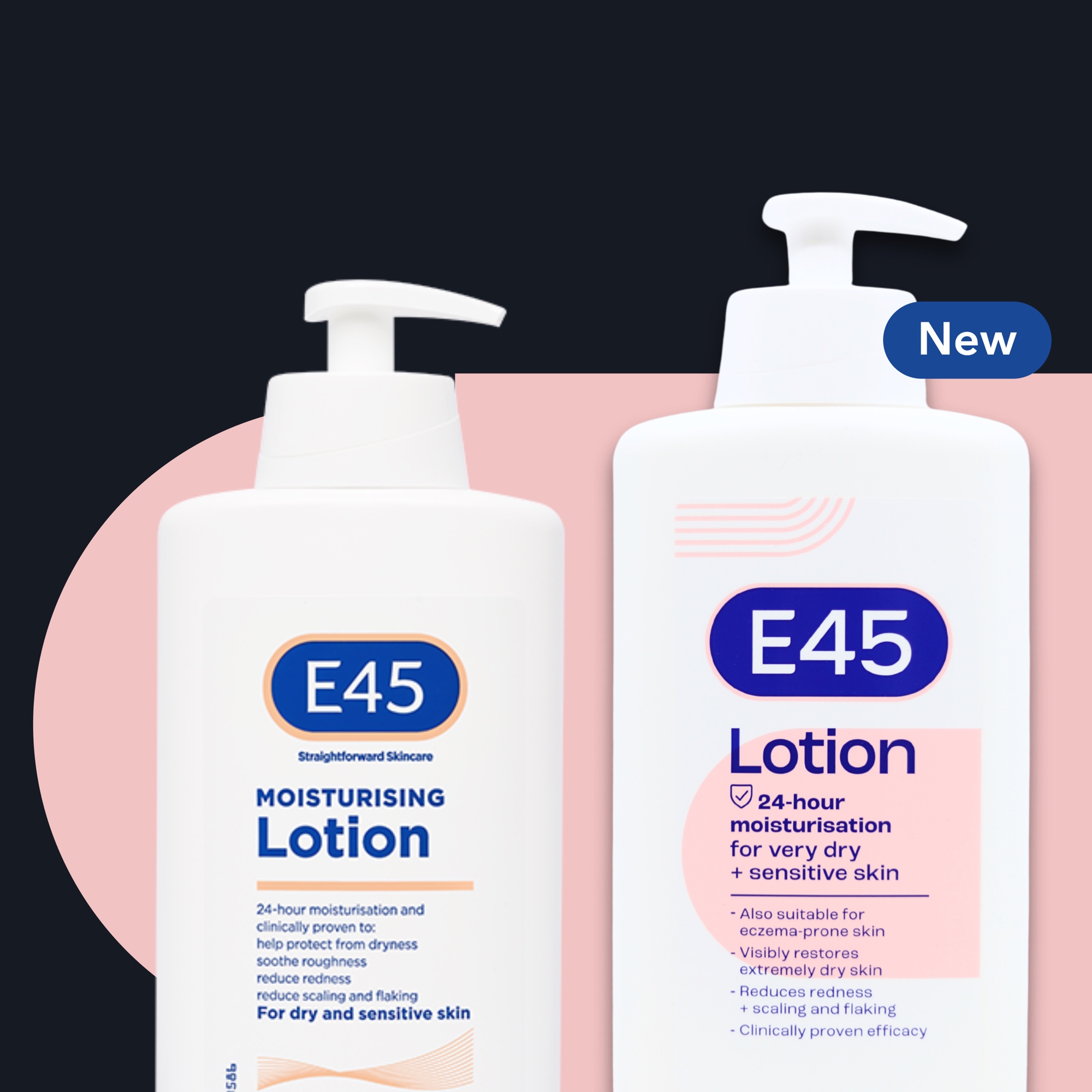 The previous E45 Moisturising Lotion bottle beside the new E45 Lotion bottle, marked 'New'