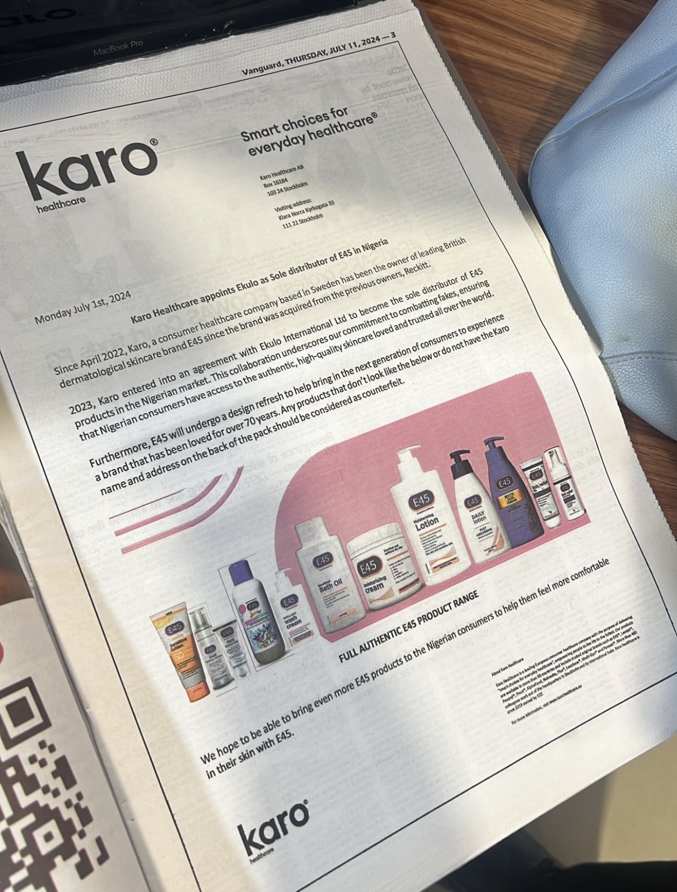 Vanguard newspaper page announcing Karo Healthcare's appointment of Ekulo as sole distributor of E45 in Nigeria, showing the full authentic product range